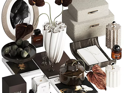 Elegant Modern Decorative Ornament Collection With Vase Perfume Bottles Plates Books And Storage Boxes 3d model