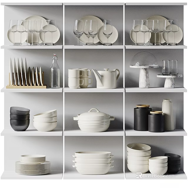 Organized Display Cabinet With Shelves Holding Plates Bowls Cups And Glassware 3d model 