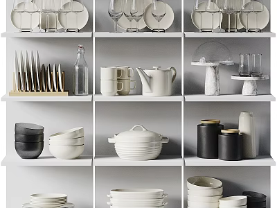 Organized Display Cabinet With Shelves Holding Plates Bowls Cups And Glassware 3d model
