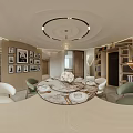 Elegant Modern Dining Room Interior With Round Table Chairs And Wall Photo Frames Pendant Light