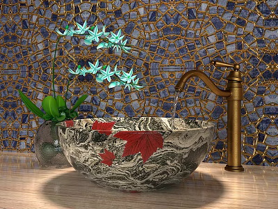 Marble Wash Basin With Red Maple Pattern Gold Faucet And Green Orchids On Mosaic Wall 3d model