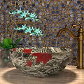 Marble Wash Basin With Red Maple Pattern Gold Faucet And Green Orchids On Mosaic Wall