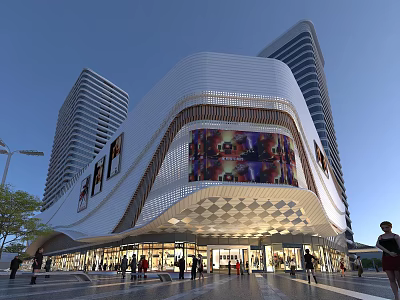 Modern Commercial Complex With Diamond Patterned Facade Colorful Digital Screens And Pedestrians 3d model