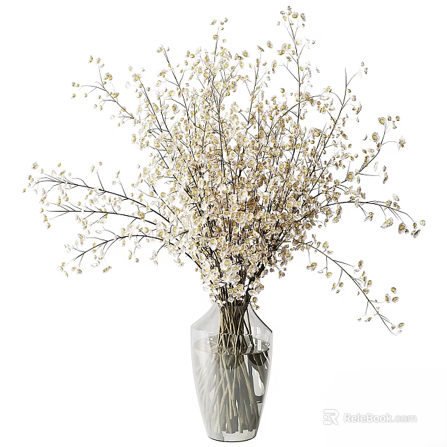 White Small Flowers in Transparent Glass Vase with Slender Branches and Dense Blooms 3d model 