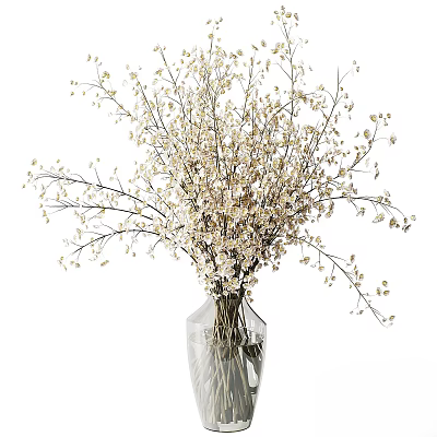 White Small Flowers in Transparent Glass Vase with Slender Branches and Dense Blooms 3d model