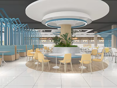 Bright Modern Cafeteria Interior With Circular Ceiling Blue Partitions Yellow Chairs And Central Plant 3d model