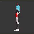 Anime Game Character With Blue Hair Red Rabbit Ears Black Top Red Shorts Standing Pose