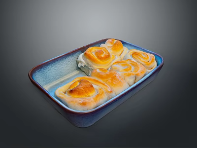 Golden Brown Sweet Rolls In Blue And White Baking Dish With Frosting 3d model