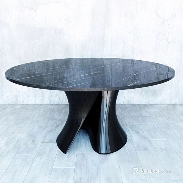 Contemporary Round Dining Table With Dark Stone Top And Black Sculpted Base 3d model 