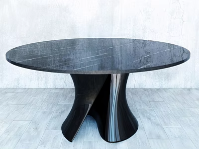 Contemporary Round Dining Table With Dark Stone Top And Black Sculpted Base 3d model