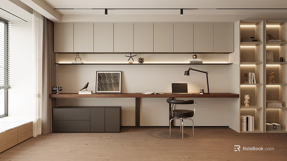 Modern Study Room Interior With Wooden Desk Table Lamp Built in Cabinets and Decorative Artwork 3d model 