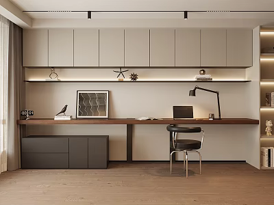 Modern Study Room Interior With Wooden Desk Table Lamp Built in Cabinets and Decorative Artwork 3d model