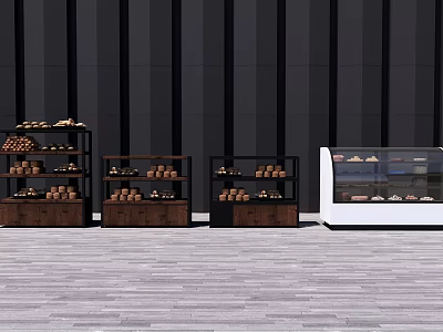 Modern Retail Display Shelves And Glass Showcases With Baked Goods Arrangement 3d model