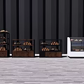 Modern Retail Display Shelves And Glass Showcases With Baked Goods Arrangement