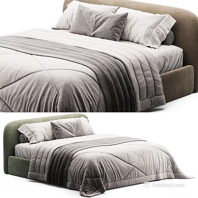 Modern Double Bed With Green And Brown Headboards Gray Velvet Bedding And Pillows 3d model 