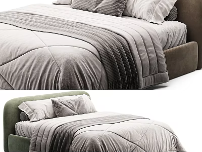 Modern Double Bed With Green And Brown Headboards Gray Velvet Bedding And Pillows 3d model
