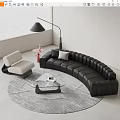 Modern Black Curved Leather Sofa With Glass Coffee Table Set And White Accent Chair