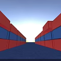 Red And Blue Industrial Containers Arranged With Sunset Light Shining Through And Airplane Flying Overhead