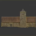 Traditional Stone Church Building With Red Roof Tower And Arched Windows