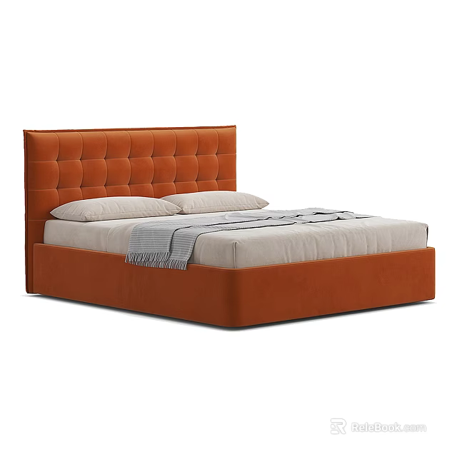 Double Bed with Orange Tufted Headboard Upholstered Frame and Light Mattress 3d model