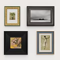 Four Decorative Photo Frames With Different Art Prints On White Wall 3d model