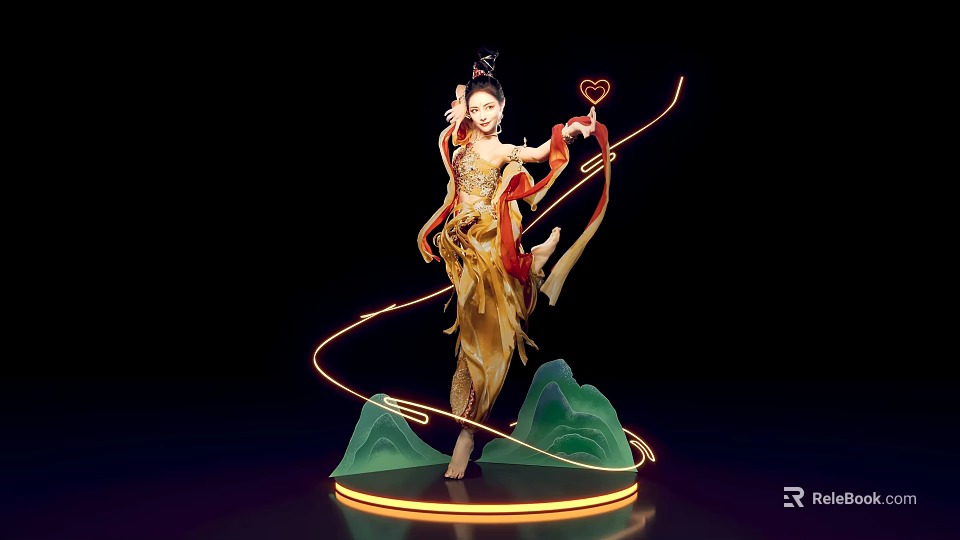 Traditional Chinese Dancer In Golden Costume With Glowing Ribbons And Green Mountain Decor 3d model 