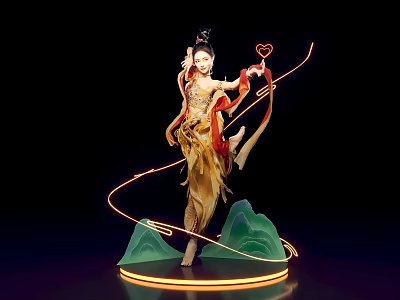 Traditional Chinese Dancer In Golden Costume With Glowing Ribbons And Green Mountain Decor 3d model