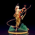 Traditional Chinese Dancer In Golden Costume With Glowing Ribbons And Green Mountain Decor