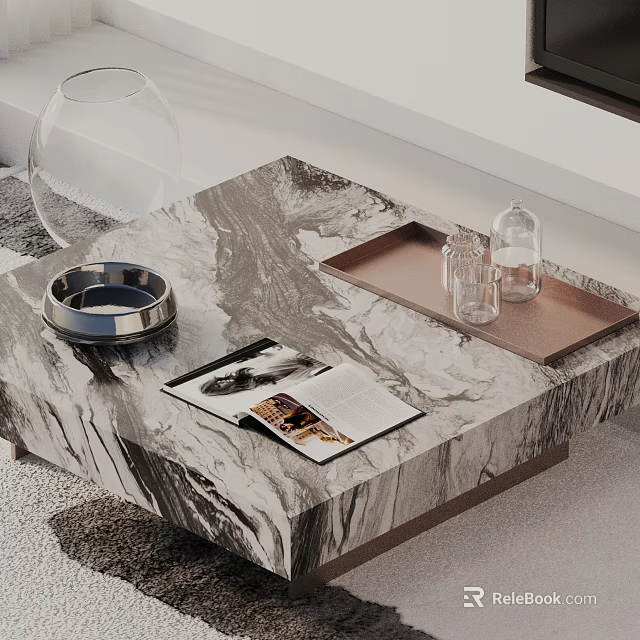 Modern Sofa And Coffee Table Set With Marble Top Metallic Tray Magazine And Glass Bottles 3d model 