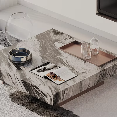 Modern Sofa And Coffee Table Set With Marble Top Metallic Tray Magazine And Glass Bottles 3d model