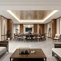 Chinese Style Private Room Interior With Wooden Decor Dining Table Sofa And Ceiling Lights 3d model