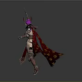 Female Warrior In Ornate Armor Wielding Spear With Purple Hair Red Cape Gold Stars