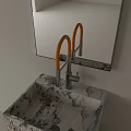 Double Curved Silver Faucet with Yellow Handle on Marble White Countertop and Square Silver Mirror