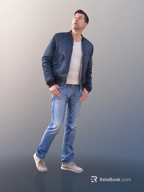 A Man In Dark Blue Jacket White T-shirt And Blue Jeans Standing Pose 3d model 