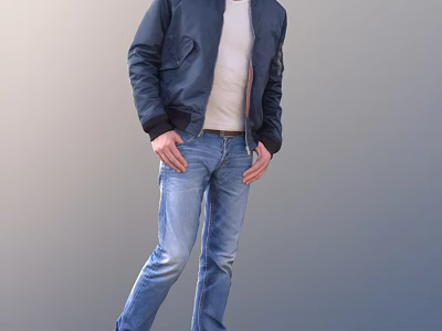 A Man In Dark Blue Jacket White T-shirt And Blue Jeans Standing Pose 3d model