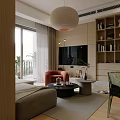 Modern Living and Dining Room Interior Design With Grey Sofa Red Armchair And Floor to Ceiling Windows