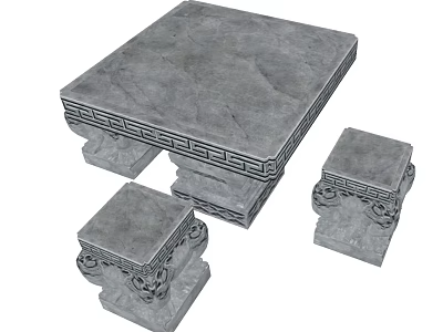 Traditional Garden Landscape Featuring Stone Table With Carved Patterns And Stone Stools 3d model