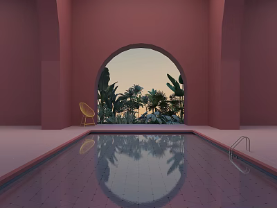 Tropical Plants Palm Trees and Banana Leaves in Pink Archway With Sunset Pool and Yellow Chair 3d model
