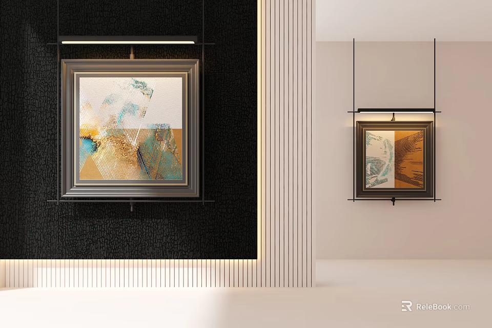 Abstract Paintings Framed Hanging On Modern Black And White Walls Interior Design 3d model 