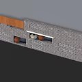 Gray Brick Background Wall with Wooden Accent Decorative Lattice and Embedded Ornaments
