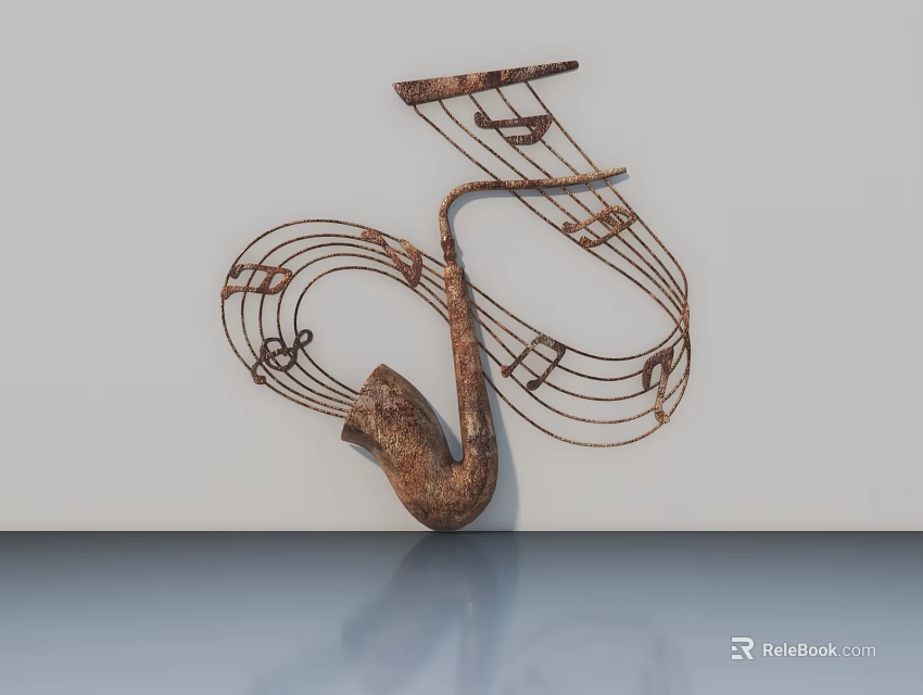 Rusty Saxophone Themed Hinged Door with Music Notes and White Wall Design 3d model