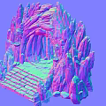 Mysterious Stone Cave Entrance With Illuminated Torches And Stone Steps