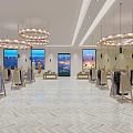 Elegant Clothing Store With Circular Chandeliers Herringbone Floor Large Windows And Clothes On Racks