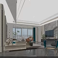 Modern Living and Dining Room Interior With Marble TV Wall Large Windows Sofa And Rug