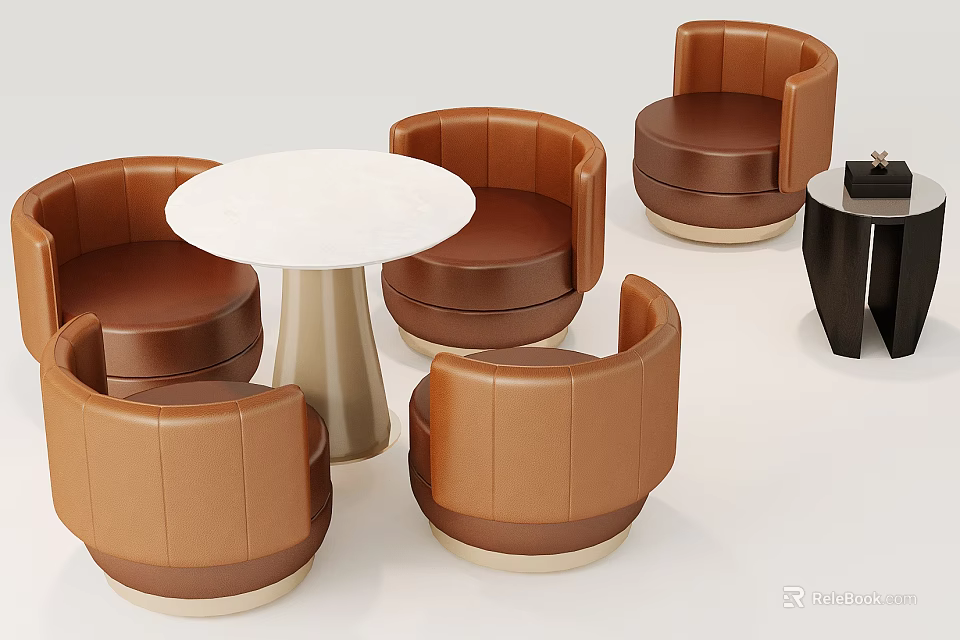 Modern Round White Table And Four Brown Leather Armchairs With Black Side Table 3d model