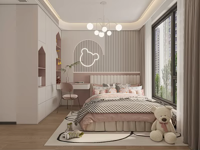 Kids Room Interior Design With Bed Pink Gray Bedding Chandelier Window Curtains And Teddy Bear 3d model