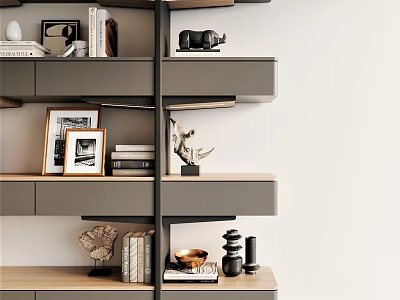 Modern Layered Bookshelf Design With Books Photo Frames And Decorative Sculptures 3d model