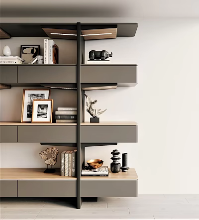 Modern Layered Bookshelf Design With Books Photo Frames And Decorative Sculptures 3d model