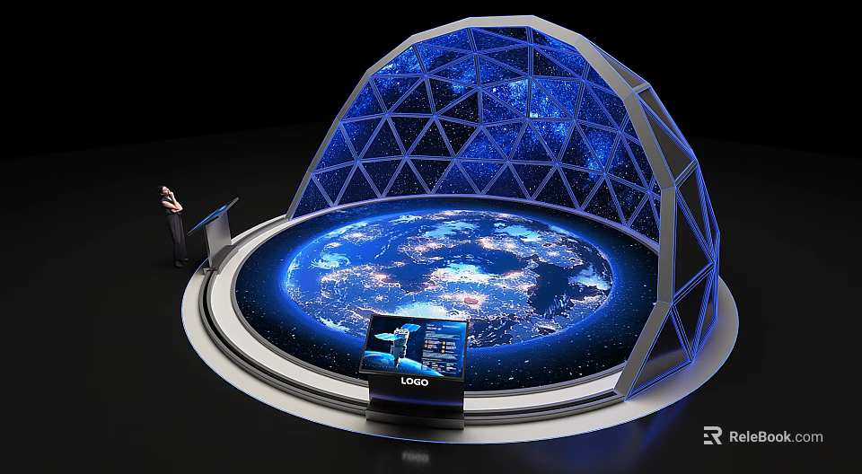 Futuristic Hemispherical Structure With Blue Lighting Earth Projection Geometric Grid And Display Screen 3d model 