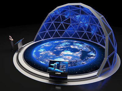 Futuristic Hemispherical Structure With Blue Lighting Earth Projection Geometric Grid And Display Screen 3d model